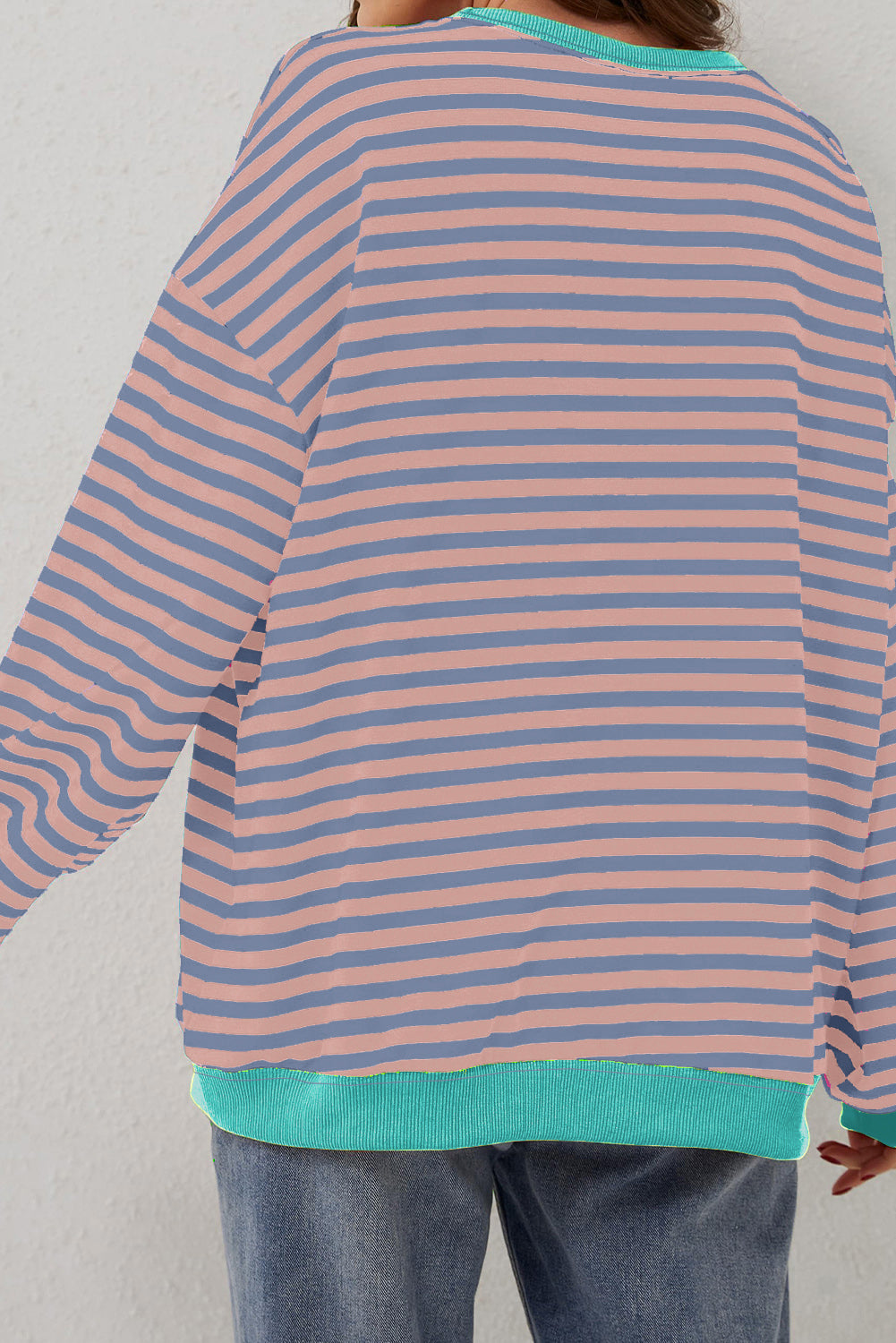 Racing Red Striped Contrast Ribbed Trim Crossed Stitch Drop Shoulder Sweatshirt-Tops/Sweatshirts & Hoodies-[Adult]-[Female]-2022 Online Blue Zone Planet