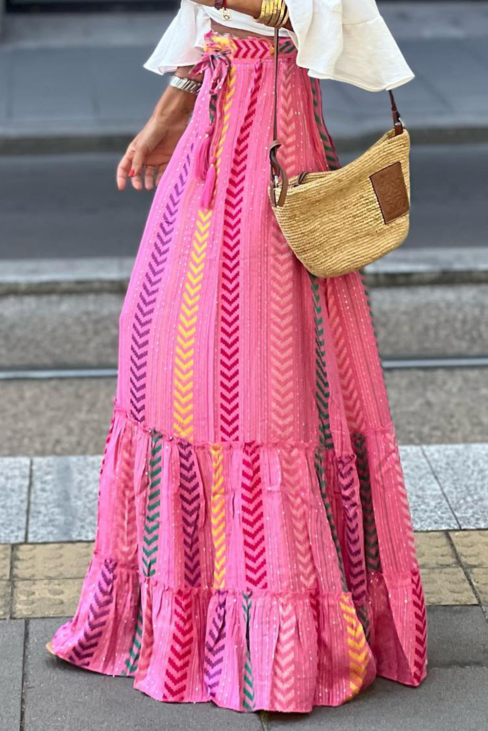 Pink Boho Printed Tasseled Drawstring Ruffled Maxi Skirt-Bottoms/Skirts & Petticoat-[Adult]-[Female]-Pink-S-2022 Online Blue Zone Planet