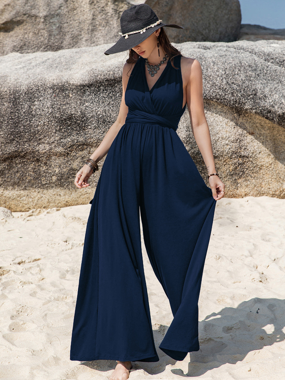 Surplice Wide Leg Jumpsuit with Free Tie-TOPS / DRESSES-[Adult]-[Female]-2022 Online Blue Zone Planet