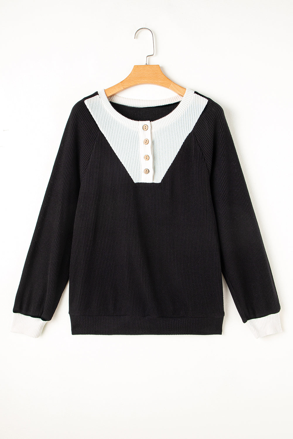 Blue Zone Planet | Black Color Contrast Ribbed Loose Fit Long Sleeve Top-Tops/Long Sleeve Tops-[Adult]-[Female]-2022 Online Blue Zone Planet