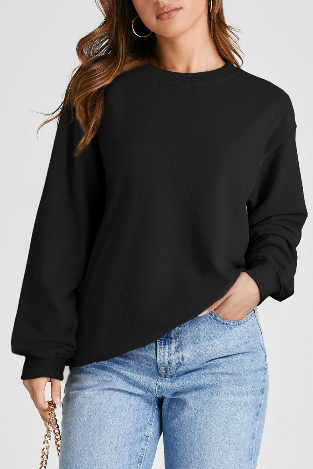 Navy Blue Plain Drop Shoulder Crewneck Pullover Sweatshirt-Tops/Sweatshirts & Hoodies-[Adult]-[Female]-Black-S-2022 Online Blue Zone Planet