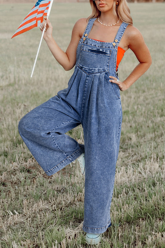 Light Blue Mineral Wash Buttoned Straps Wide Leg Denim Overalls-Bottoms/Jumpsuits & Rompers-[Adult]-[Female]-Light Blue-S-2022 Online Blue Zone Planet