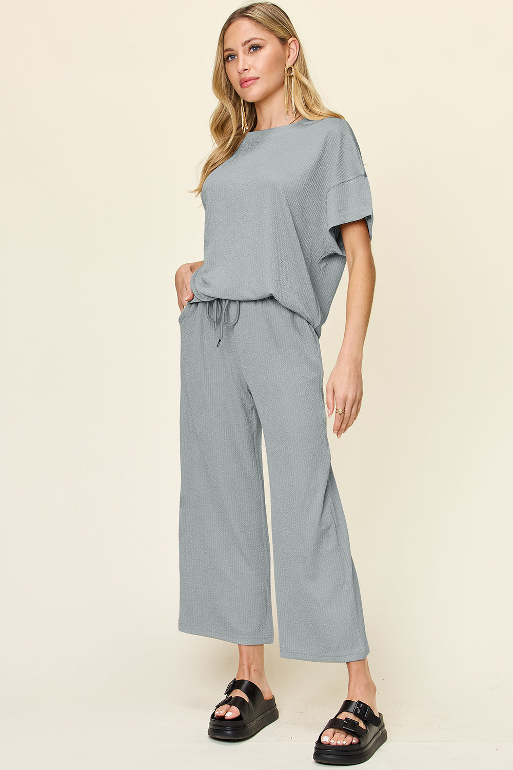 Blue Zone Planet | Double Take Full Size Texture Round Neck Short Sleeve T-Shirt and Wide Leg Pants-TOPS / DRESSES-[Adult]-[Female]-Cloudy Blue-S-2022 Online Blue Zone Planet