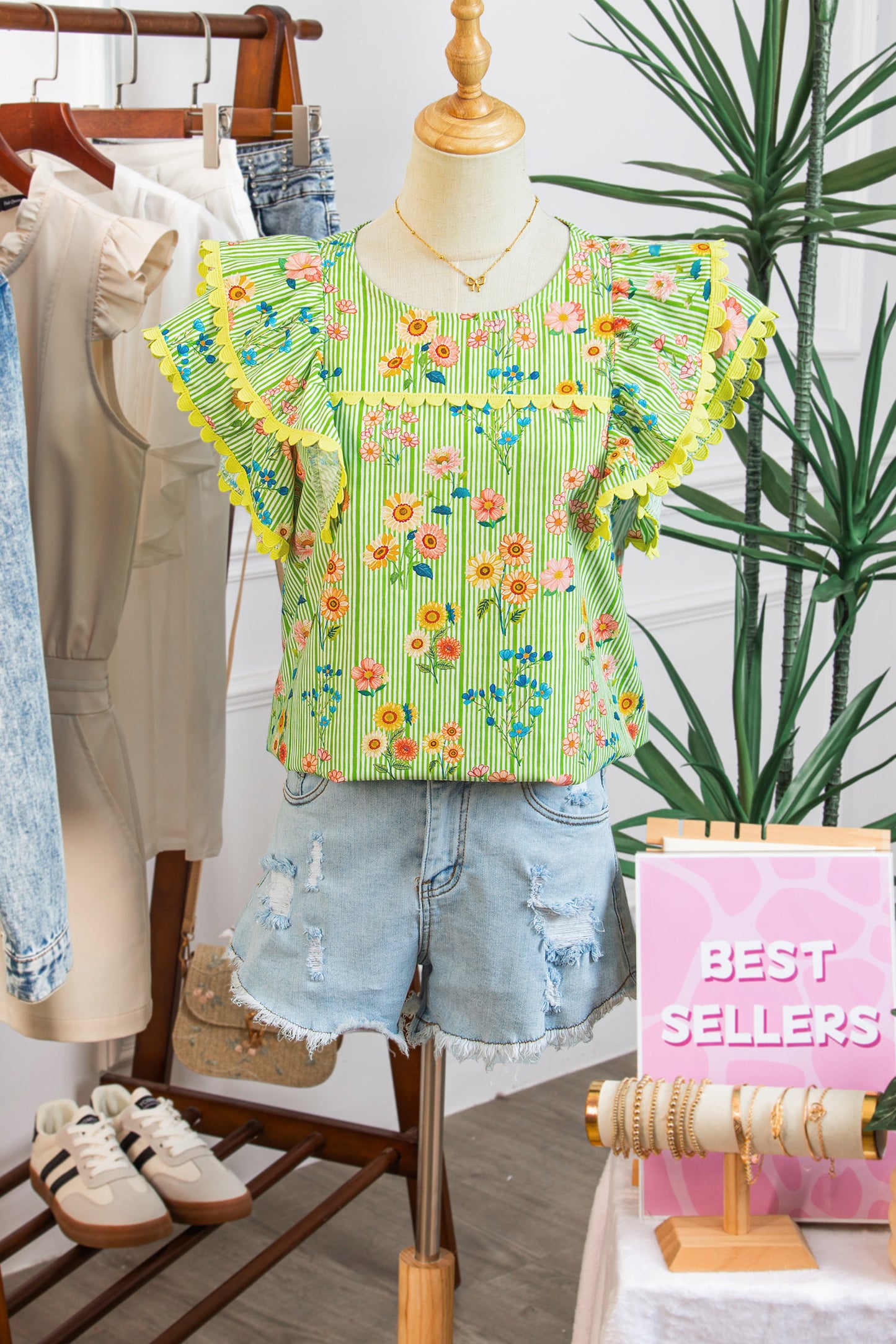 Green Stripe Floral Printed Scalloped Detail Ruffle Short Sleeve Blouse