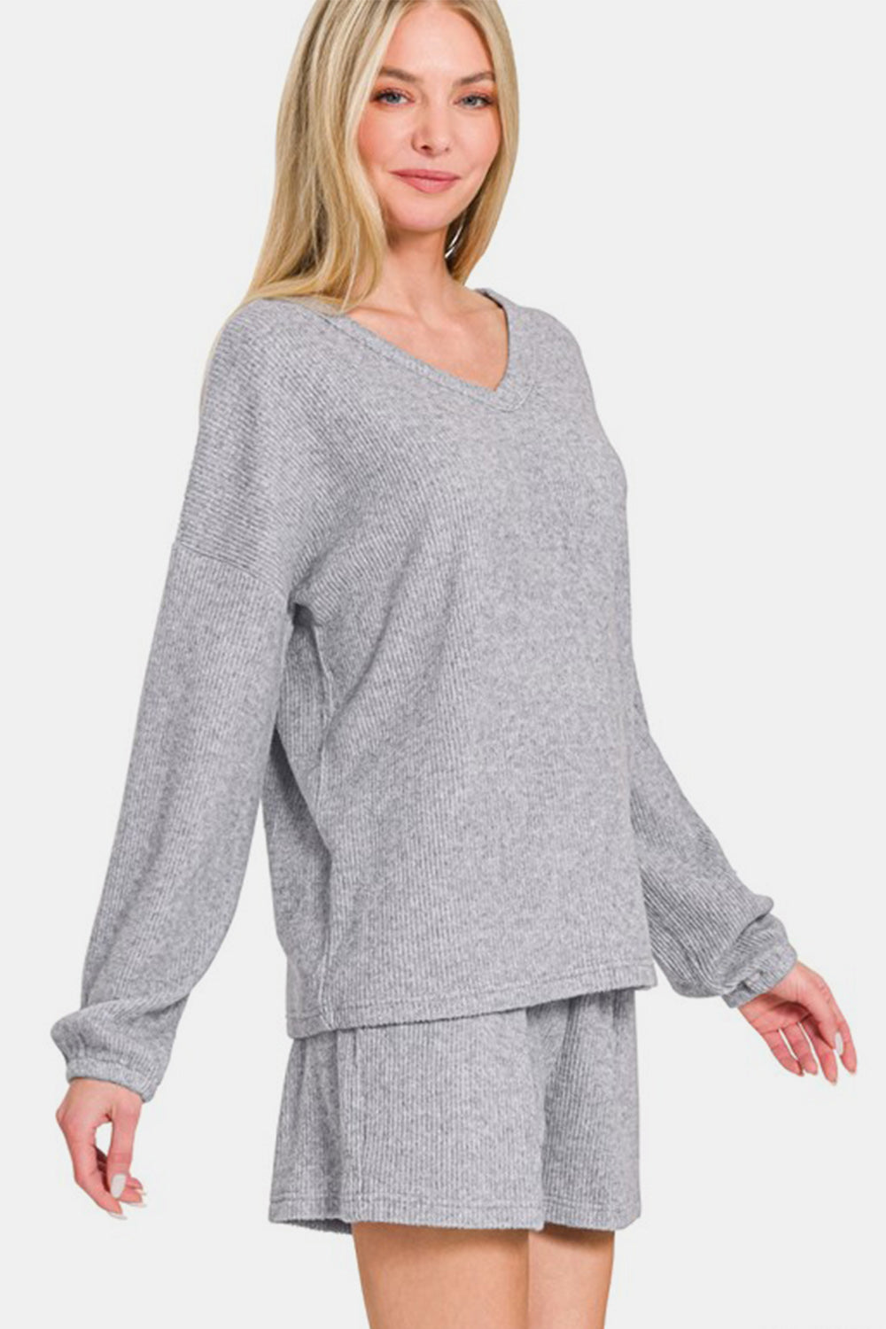 Blue Zone Planet | Zenana V-Neck Long Sleeve Ribbed Top and Shorts Set-TOPS / DRESSES-[Adult]-[Female]-2022 Online Blue Zone Planet