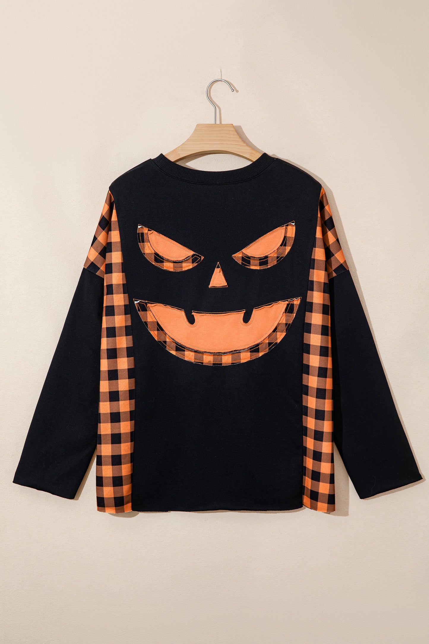 Black Patchwork Plaid Pumpkin Face Long Sleeve Top-Tops/Long Sleeve Tops-[Adult]-[Female]-2022 Online Blue Zone Planet