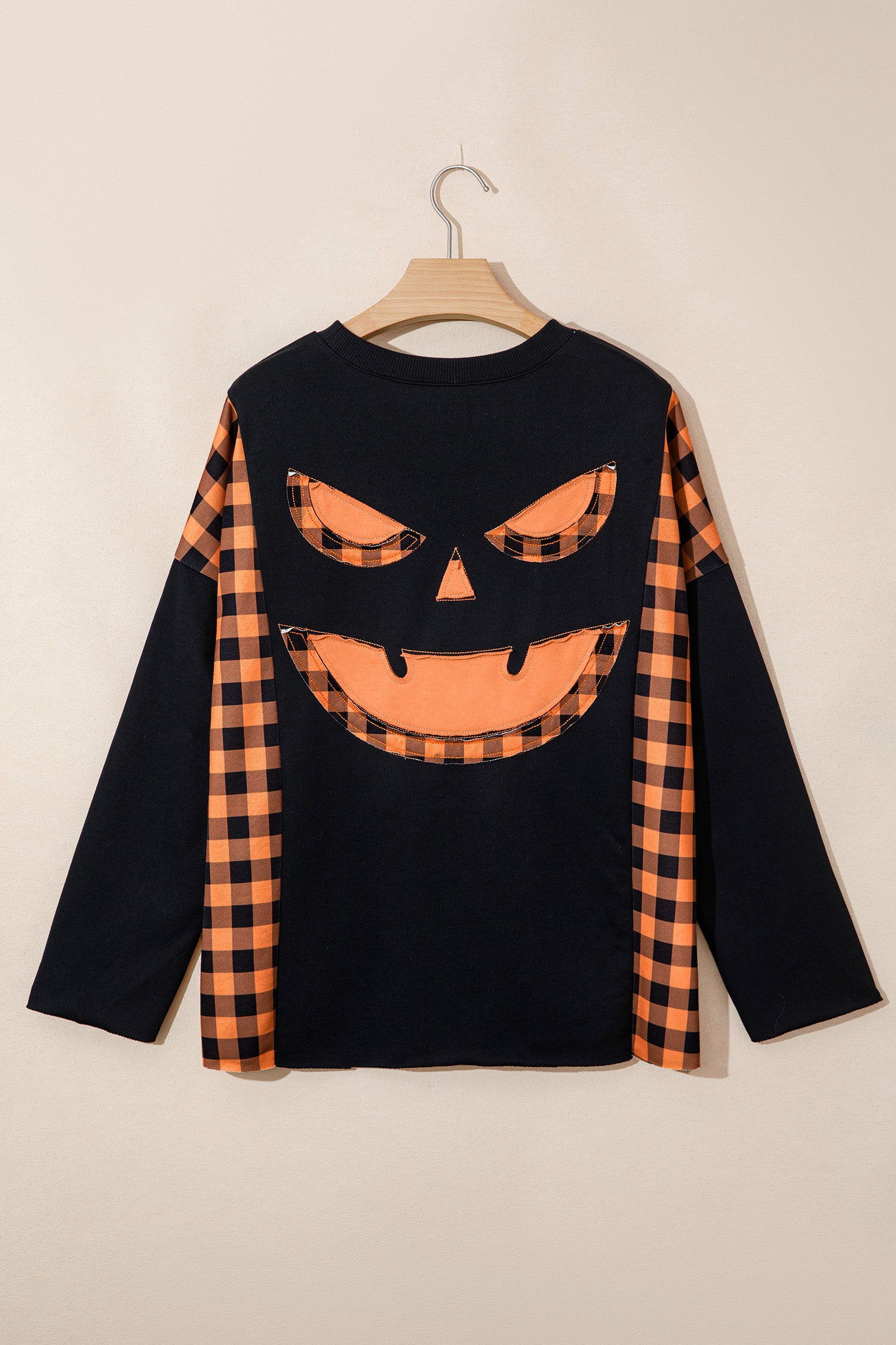 Black Patchwork Plaid Pumpkin Face Long Sleeve Top-Tops/Long Sleeve Tops-[Adult]-[Female]-2022 Online Blue Zone Planet
