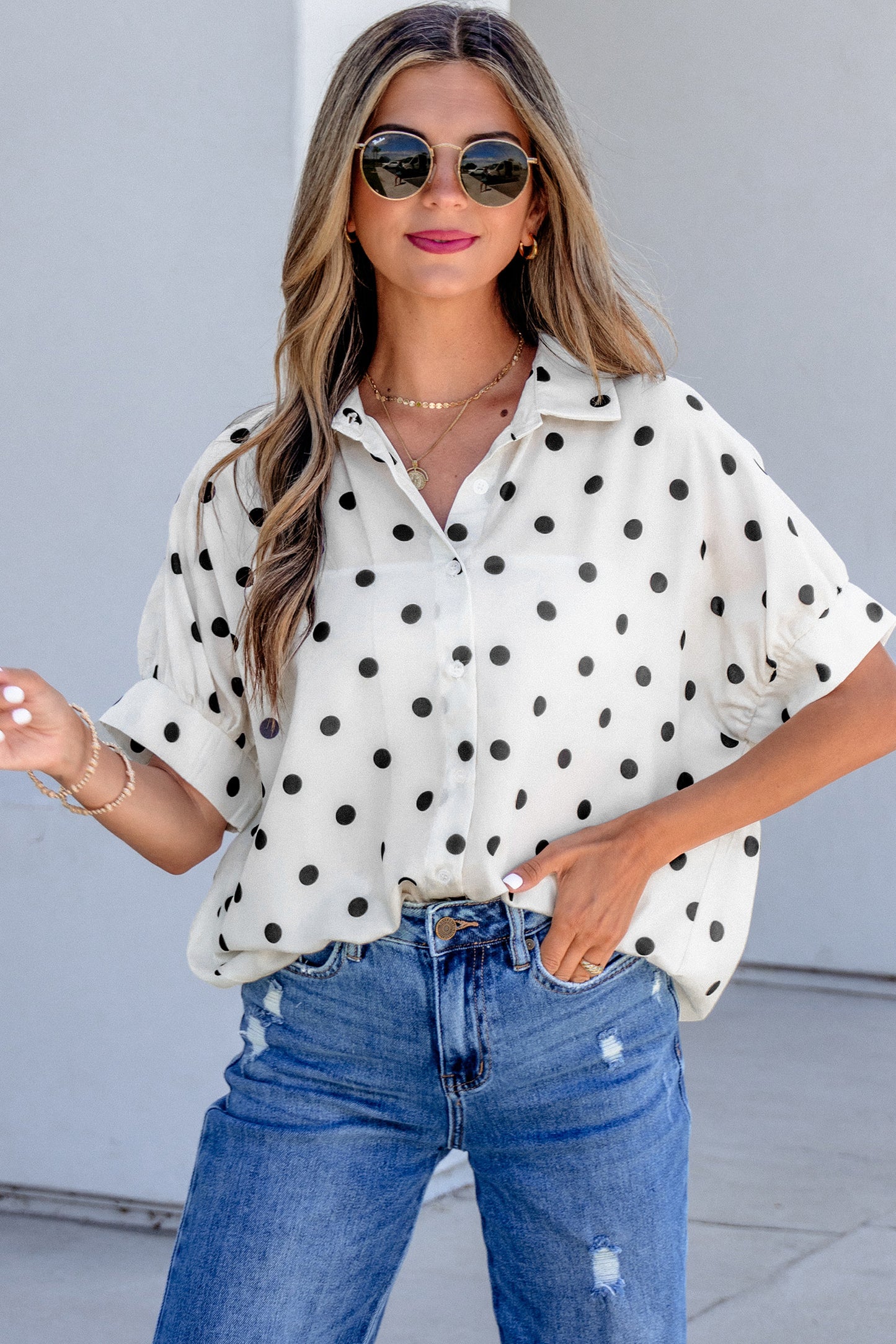 Beige Polka Dot Print Loose Dolman Shirt-Tops/Blouses & Shirts-[Adult]-[Female]-2022 Online Blue Zone Planet