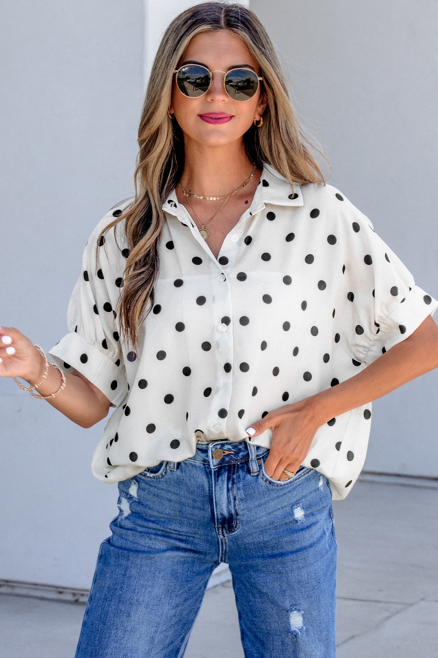 Beige Polka Dot Print Loose Dolman Shirt-Tops/Blouses & Shirts-[Adult]-[Female]-2022 Online Blue Zone Planet