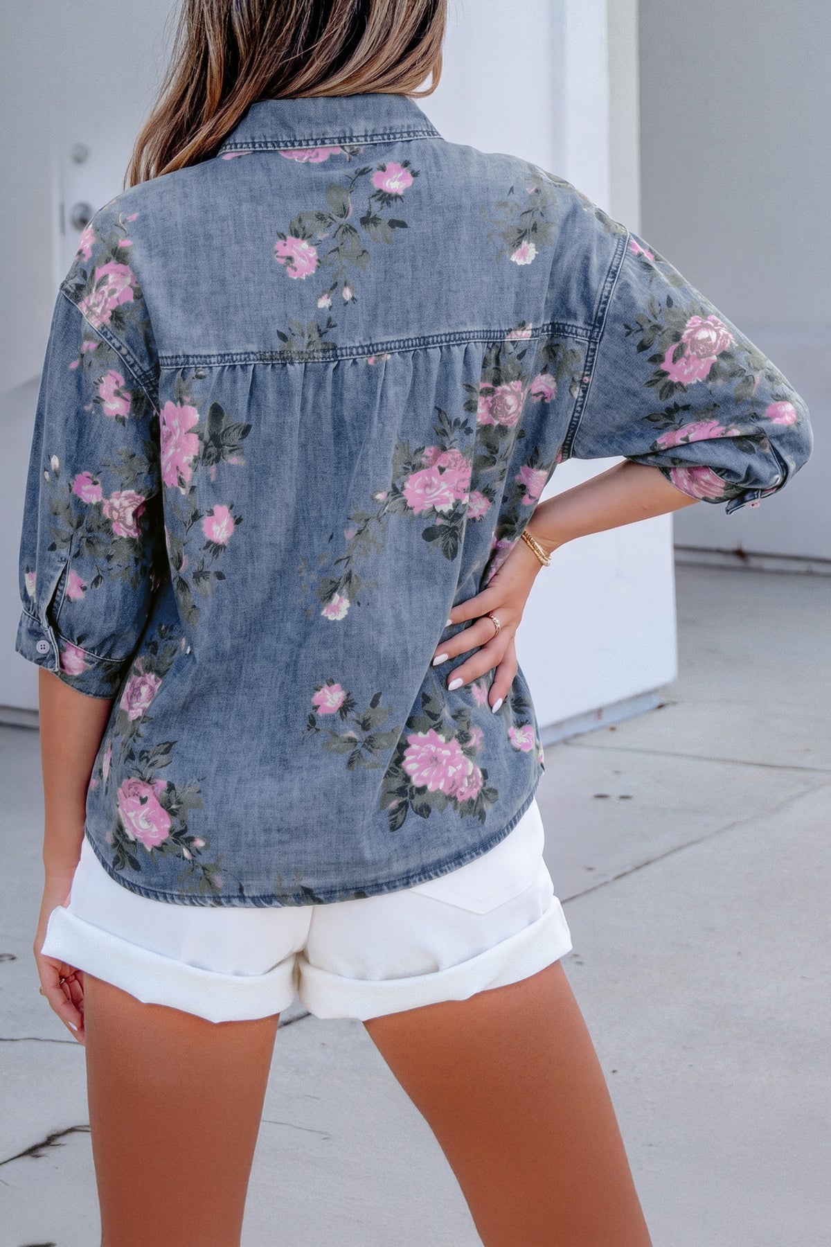 Blue Bracelet Sleeve Floral Denim Shirt-Bracelet-[Adult]-[Female]-2022 Online Blue Zone Planet