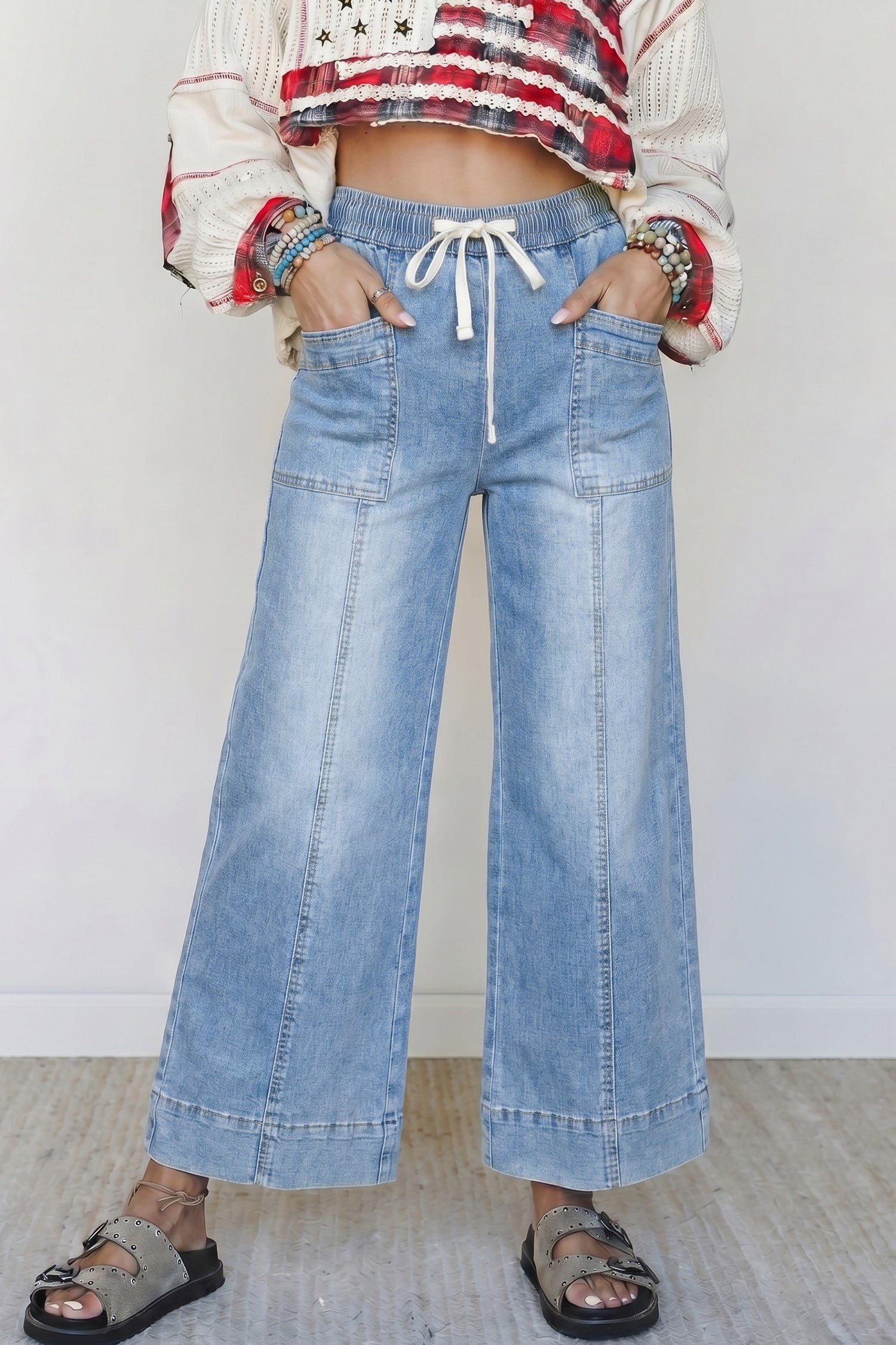 Beau Blue Drawstring Waist Wide Leg Ankle Length Jeans-Bottoms/Jeans-[Adult]-[Female]-2022 Online Blue Zone Planet