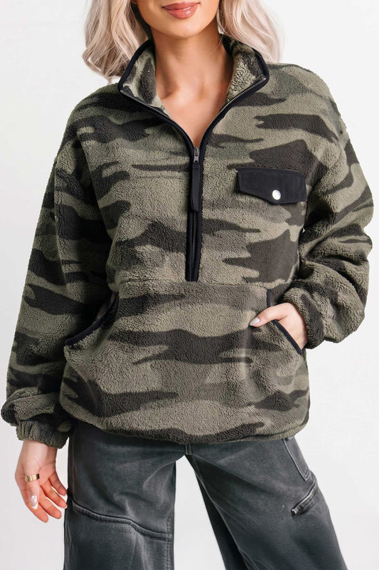 Multicolour Camouflage Fleece Half Zip-Up Long Sleeve Pocket Sweatshirt-Tops/Sweatshirts & Hoodies-[Adult]-[Female]-Multicolour-S-2022 Online Blue Zone Planet