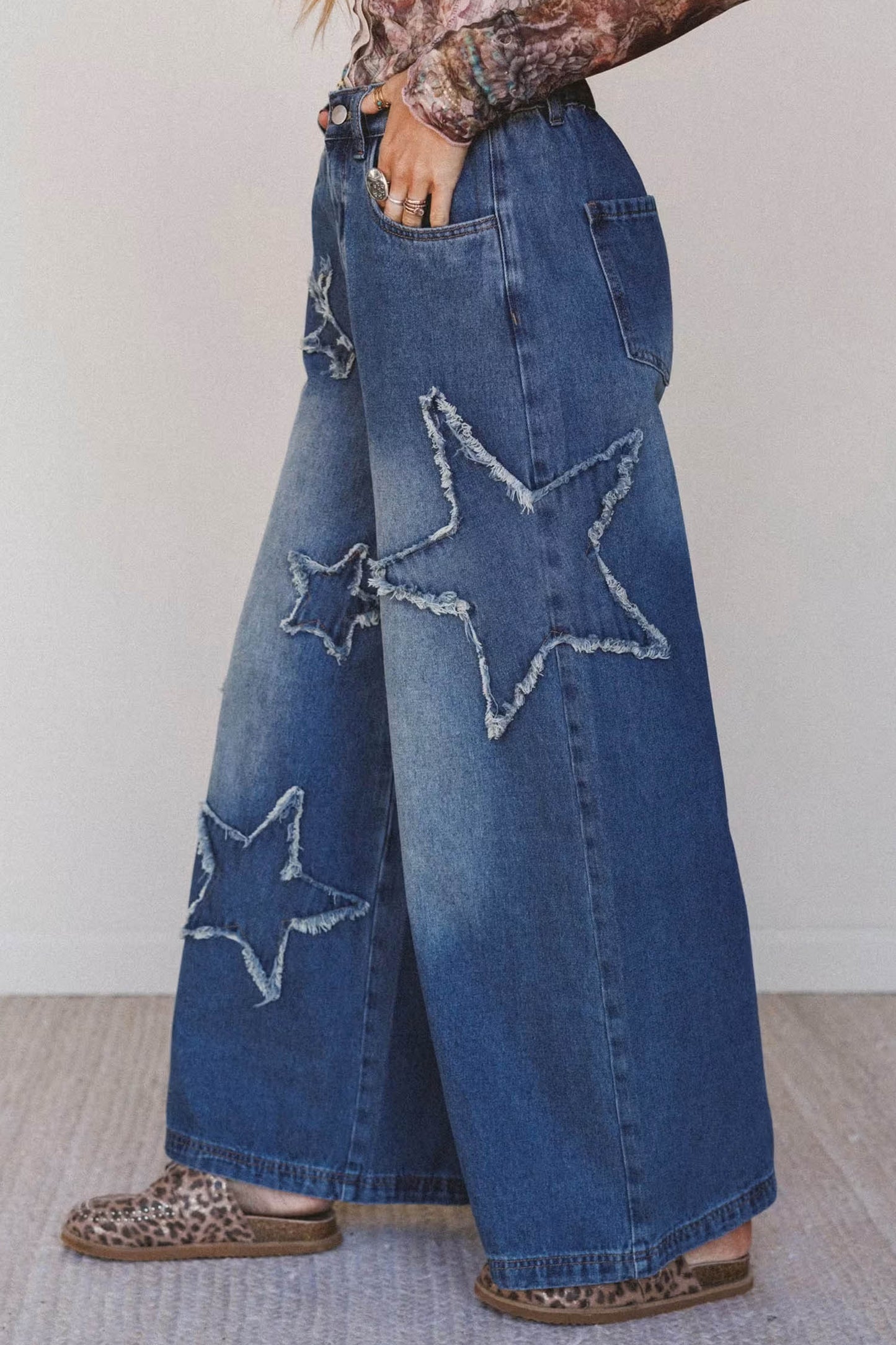 Ashleigh Blue Star Decorated Wide Leg Jeans-Bottoms/Jeans-[Adult]-[Female]-2022 Online Blue Zone Planet