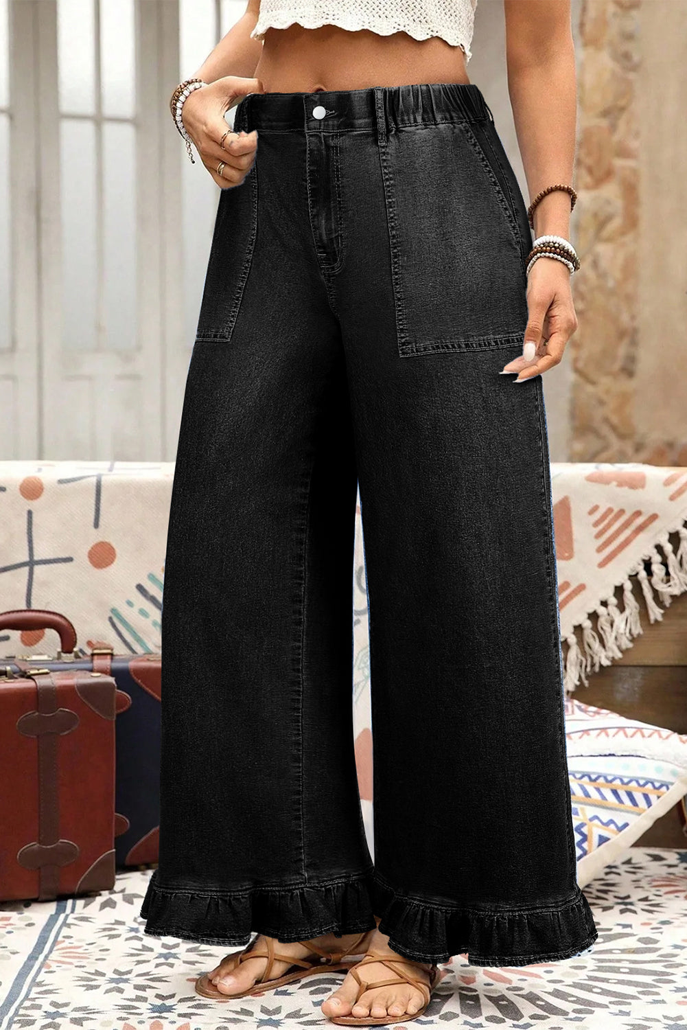 Black Plus Size Elastic Waist Ruffled Wide Leg Denim Pants-Plus Size/Plus Size Bottoms-[Adult]-[Female]-2022 Online Blue Zone Planet