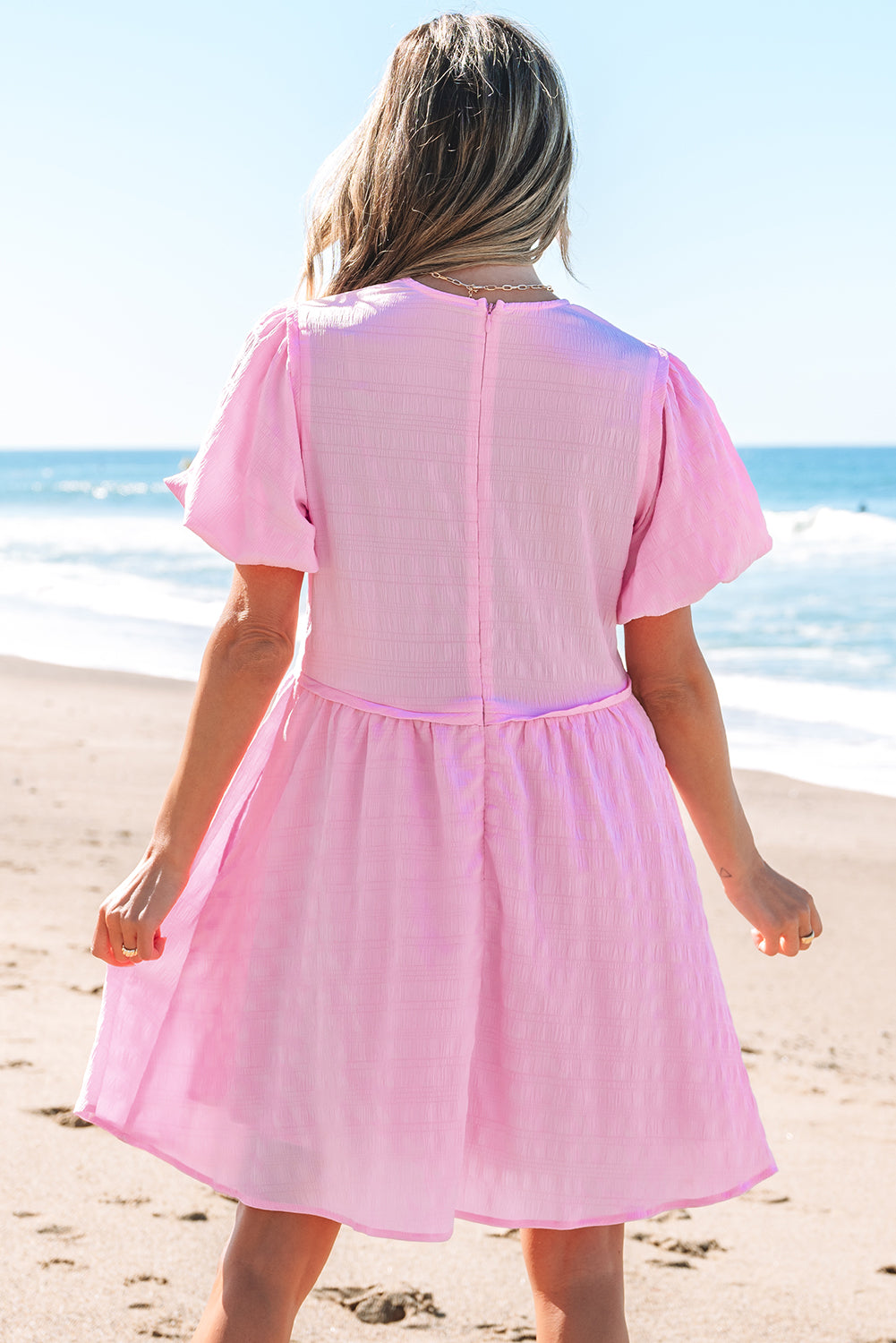 Bonbon Textured Bubble Sleeve High Waist Mini Dress-TOPS / DRESSES-[Adult]-[Female]-2022 Online Blue Zone Planet