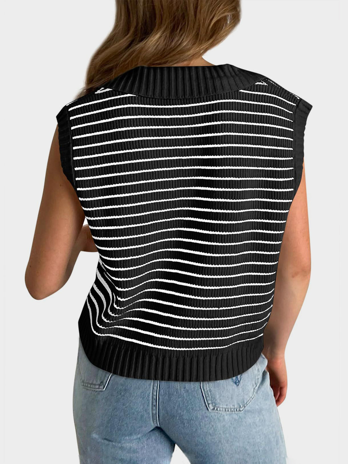 Blue Zone Planet | Mandy Collared Neck Striped Sweater Vest-TOPS / DRESSES-[Adult]-[Female]-2022 Online Blue Zone Planet