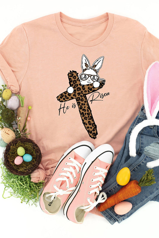 Pink He is Risen Easter Bunny Leopard Cross Graphic Tee-Graphic/Graphic Tees-[Adult]-[Female]-Pink-S-2022 Online Blue Zone Planet