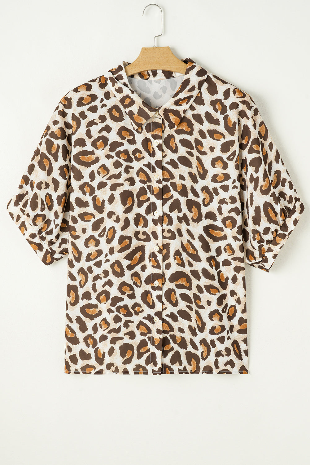 Khaki Plus Size Leopard Print Short Sleeve Buttoned Shirt-Plus Size/Plus Size Tops/Plus Size Blouses & Shirts-[Adult]-[Female]-2022 Online Blue Zone Planet