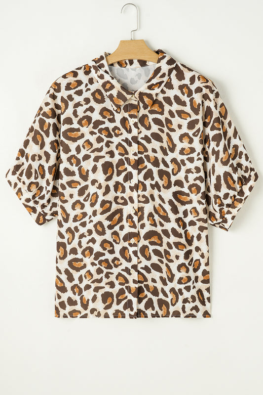 Khaki Plus Size Leopard Print Short Sleeve Buttoned Shirt-Plus Size/Plus Size Tops/Plus Size Blouses & Shirts-[Adult]-[Female]-2022 Online Blue Zone Planet