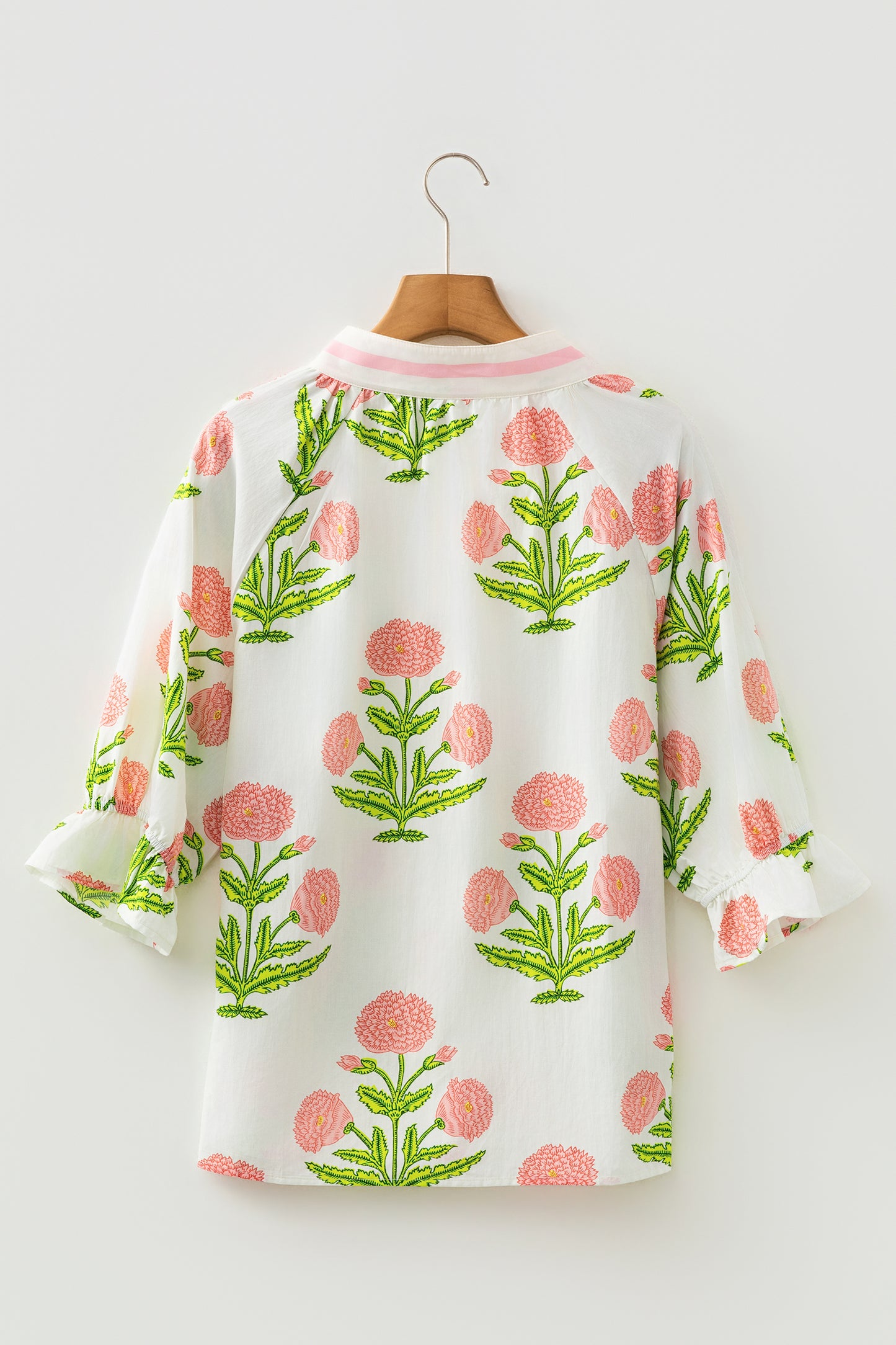 Casual Wild Flower Print V Neck 3/4 Sleeve Blouse-Tops/Blouses & Shirts-[Adult]-[Female]-2022 Online Blue Zone Planet