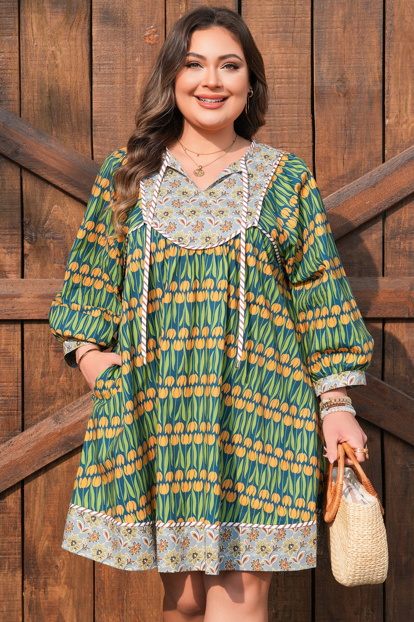 Green Plus Size Mixed Floral Print Striped Trim Loose Mini Dress-TOPS / DRESSES-[Adult]-[Female]-2022 Online Blue Zone Planet