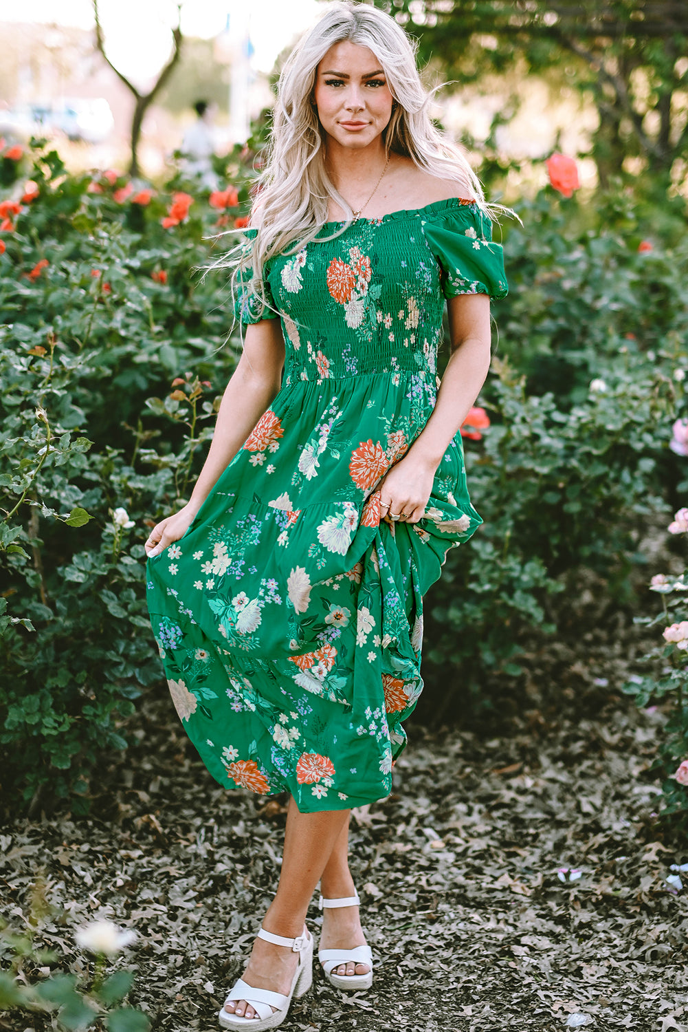 Blue Zone Planet |  Green Floral Print Bubble Sleeve Smocked Tiered Midi Dress Blue Zone Planet