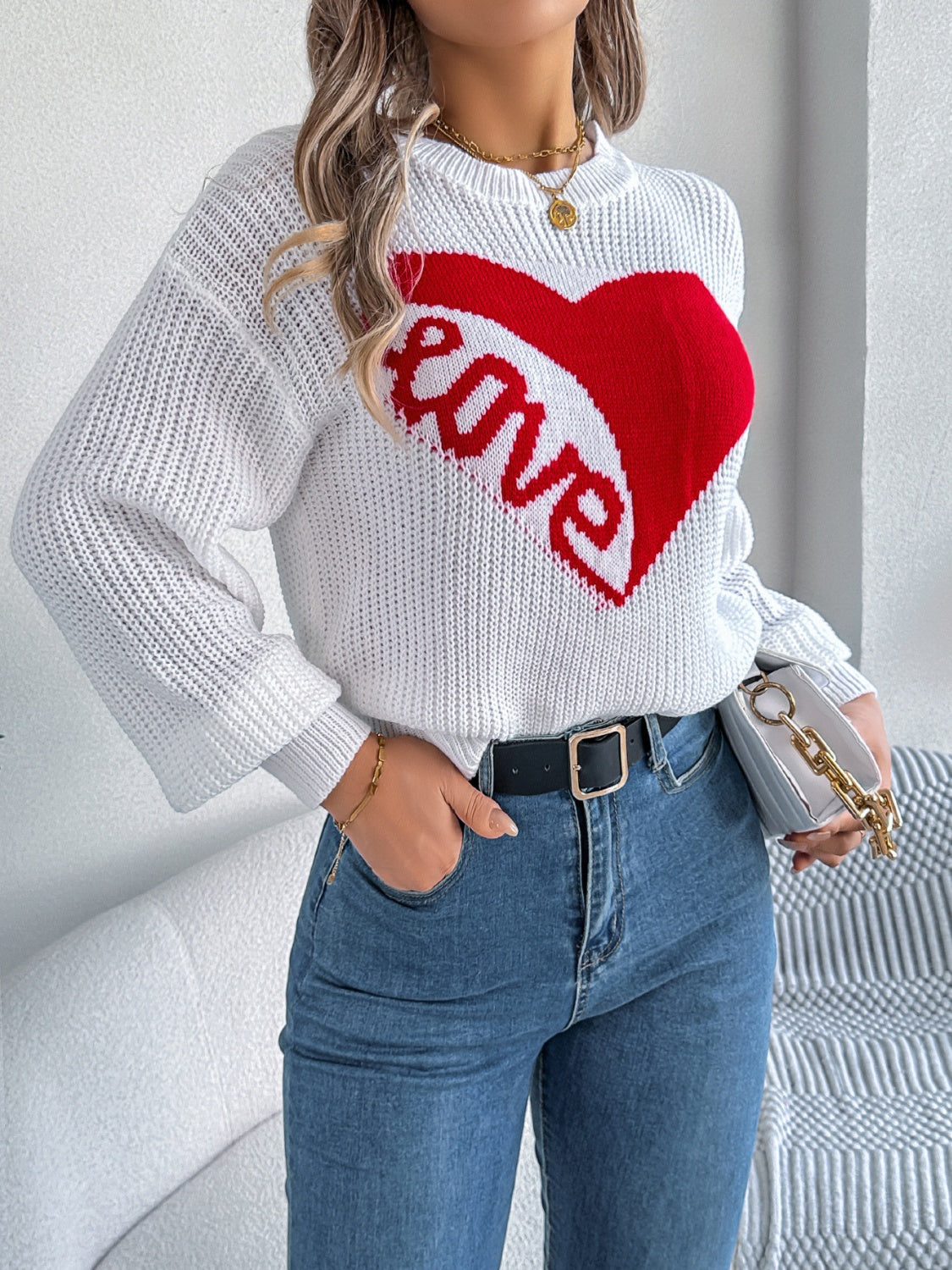 Blue Zone Planet | LOVE Heart Round Neck Dropped Shoulder Sweater-TOPS / DRESSES-[Adult]-[Female]-2022 Online Blue Zone Planet