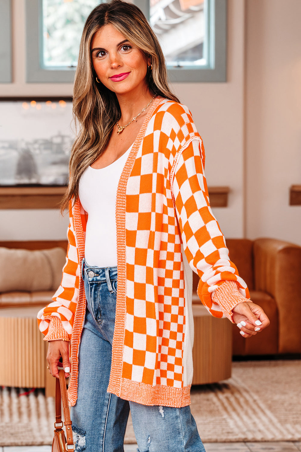 Orange Checkered Open Front Drop Shoulder Cardigan-Sweaters & Cardigans/Cardigans-[Adult]-[Female]-2022 Online Blue Zone Planet