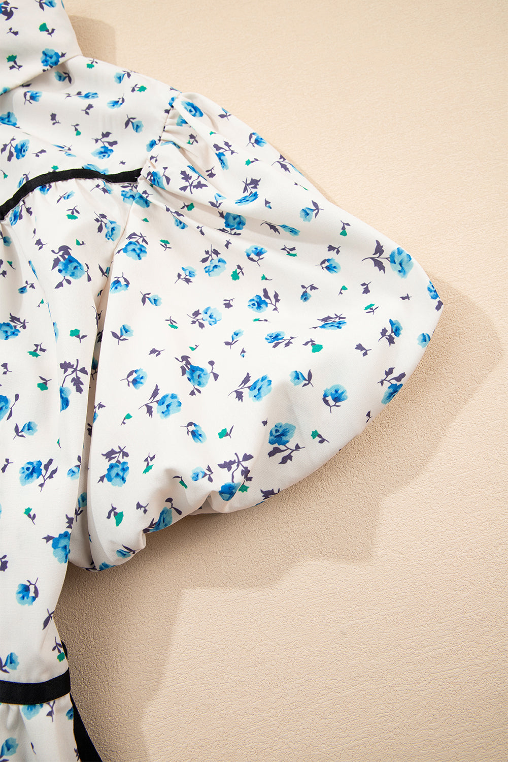 White Contrast Trim Floral Puff Short Sleeve Shirt-Tops/Blouses & Shirts-[Adult]-[Female]-2022 Online Blue Zone Planet