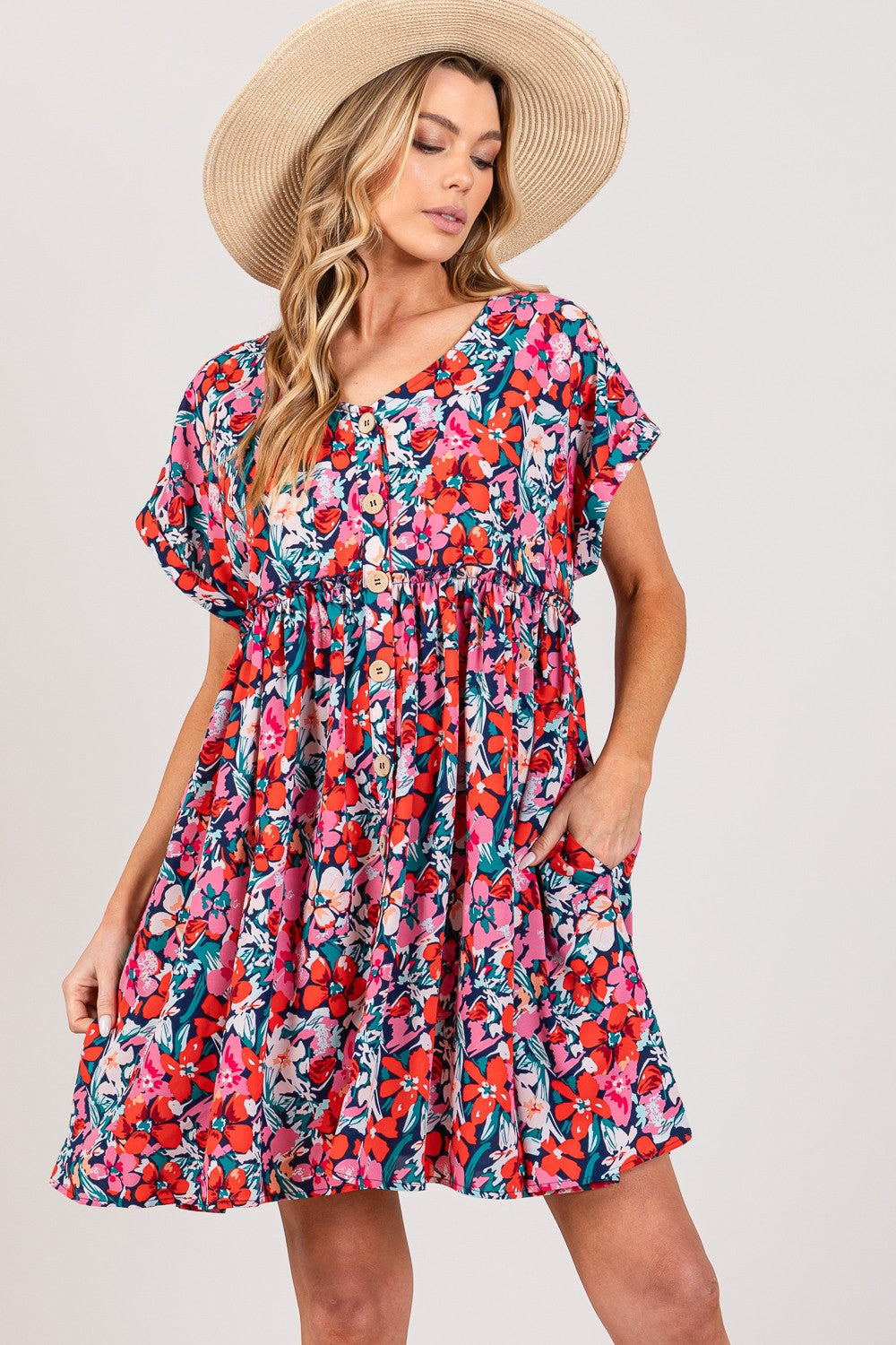 SAGE + FIG Floral Button Down Short Sleeve Mini Dress-TOPS / DRESSES-[Adult]-[Female]-Multi-S-2022 Online Blue Zone Planet