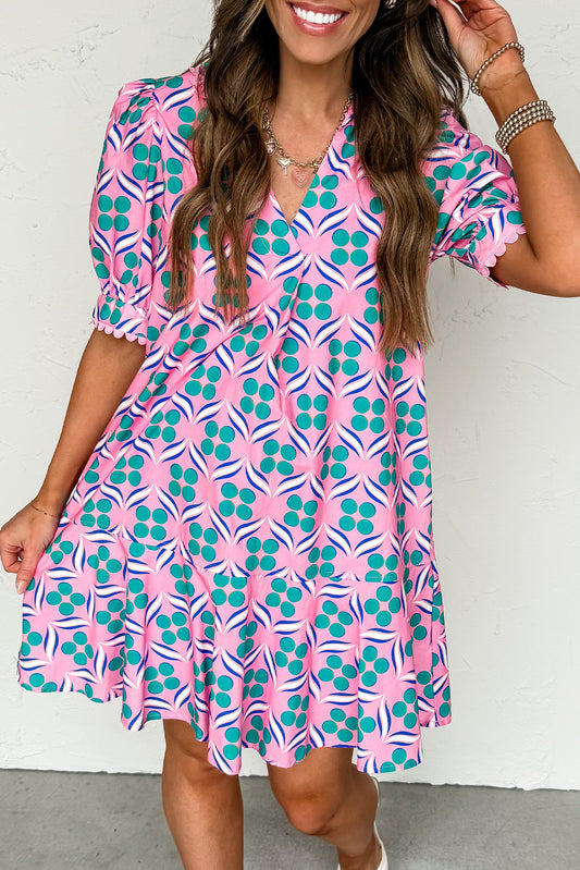 Pink Geometric Floral Print V Neck Ricrac Trim Short Sleeve Mini Dress-TOPS / DRESSES-[Adult]-[Female]-Pink-S-2022 Online Blue Zone Planet