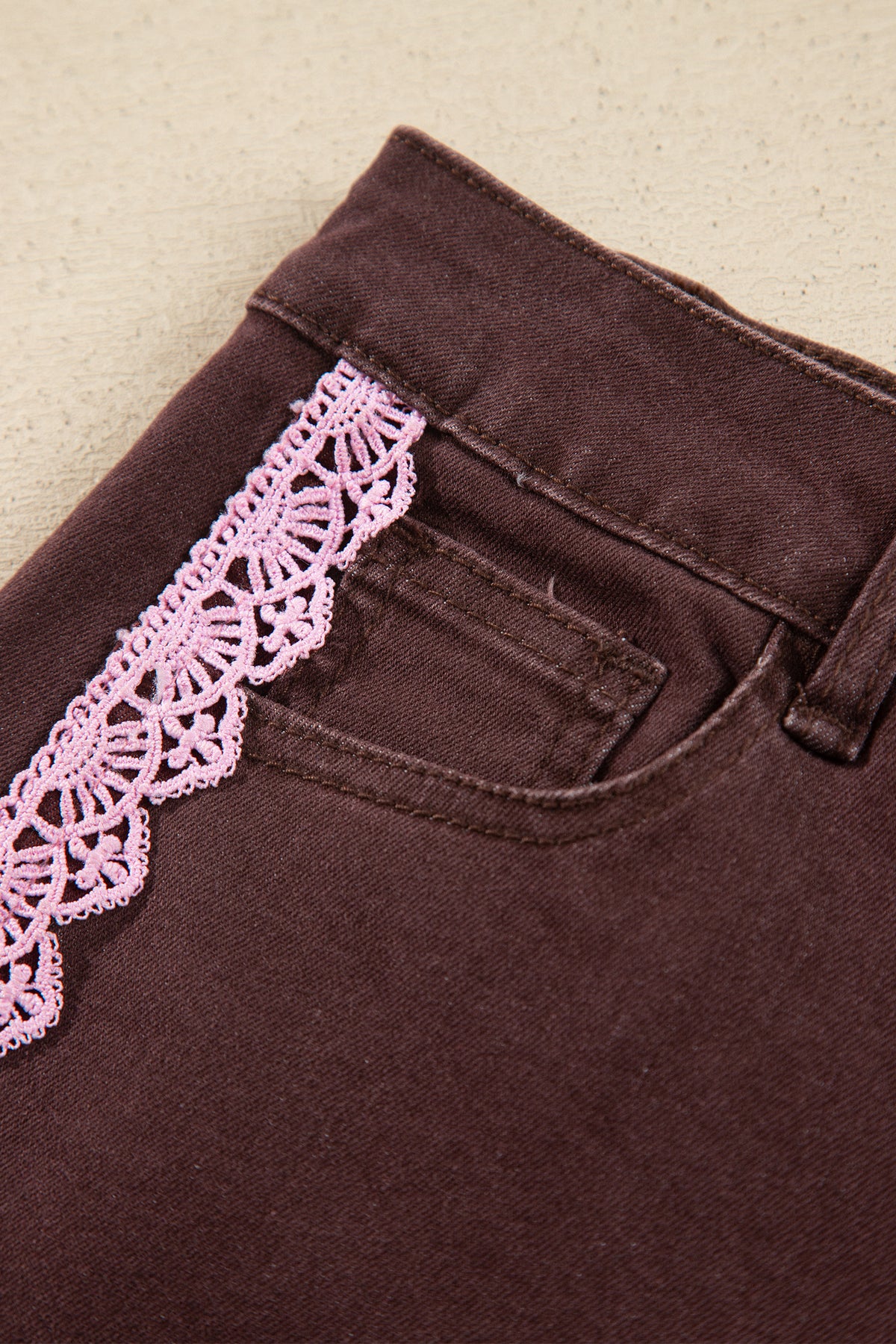 Coffee Lace Trim Casual Full-Length Regular Fit Jeans-Bottoms/Jeans-[Adult]-[Female]-2022 Online Blue Zone Planet