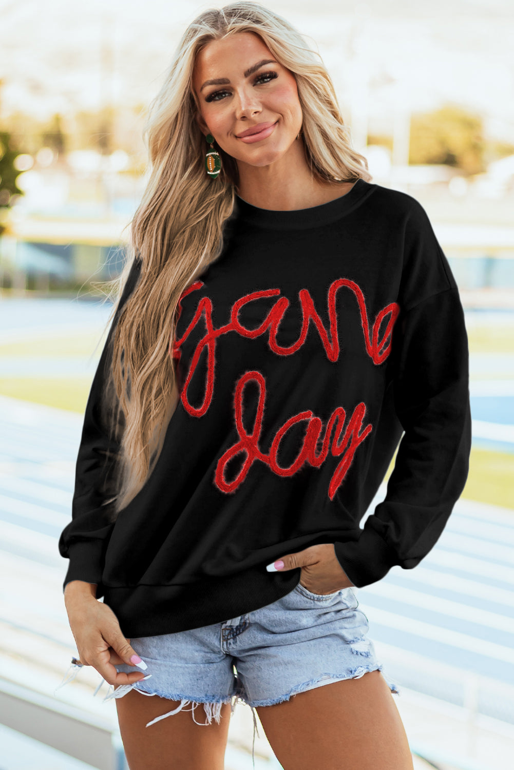 Black Tinsel Game Day Drop Shoulder Graphic Sweatshirt-Tops/Sweatshirts & Hoodies-[Adult]-[Female]-2022 Online Blue Zone Planet