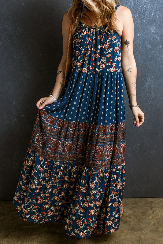 Blue Zone Planet | Blue Boho Floral Splicing Sleeveless Maxi Dress-TOPS / DRESSES-[Adult]-[Female]-Blue-S-2022 Online Blue Zone Planet