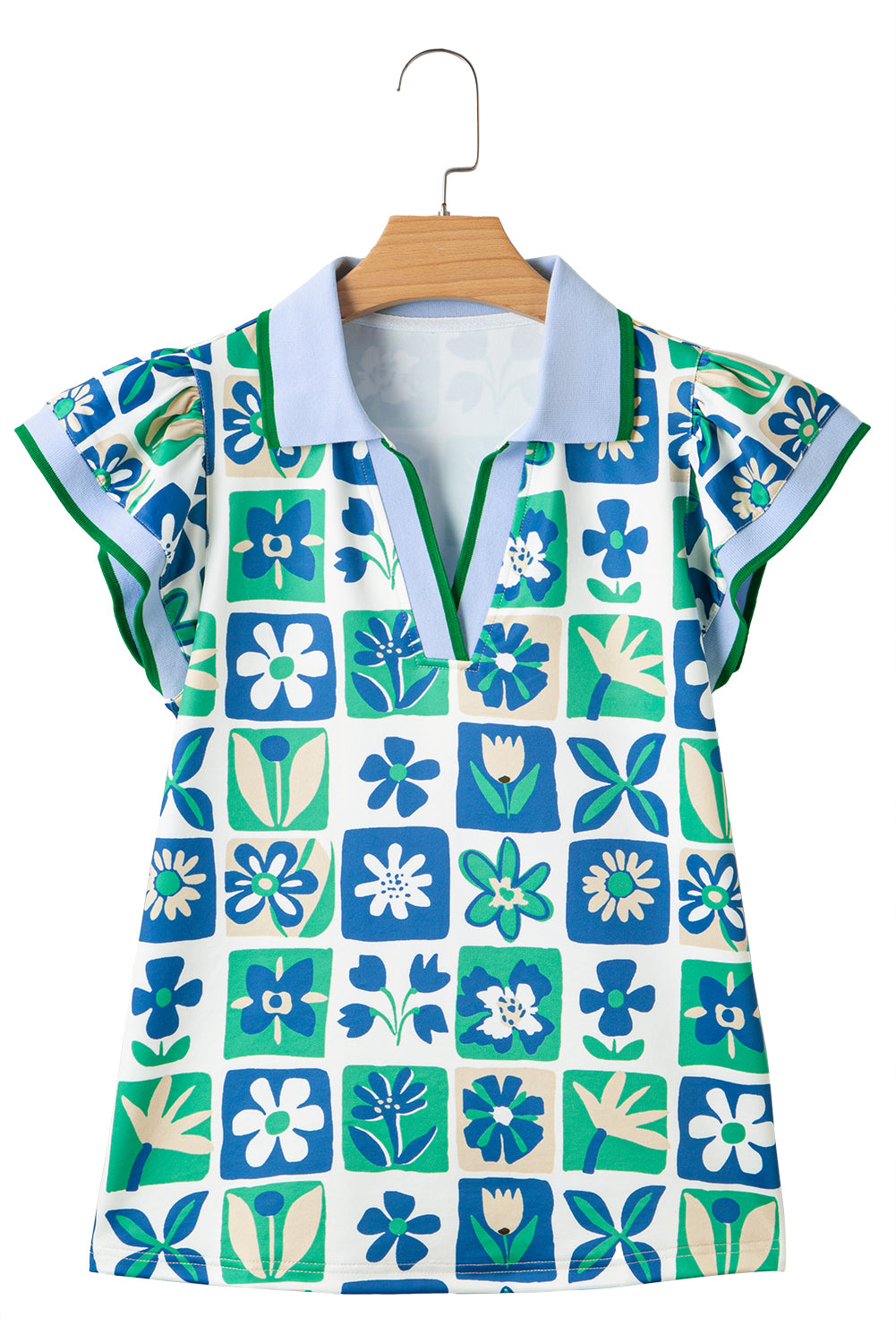 Green Floral Plaid Colorblock Trim Collar Flutter Sleeve Blouse-Tops/Blouses & Shirts-[Adult]-[Female]-2022 Online Blue Zone Planet