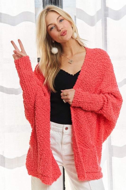 ADORA Popcorn Knit Open Front Long Sleeve Cardigan-TOPS / DRESSES-[Adult]-[Female]-Coral-One Size-2022 Online Blue Zone Planet