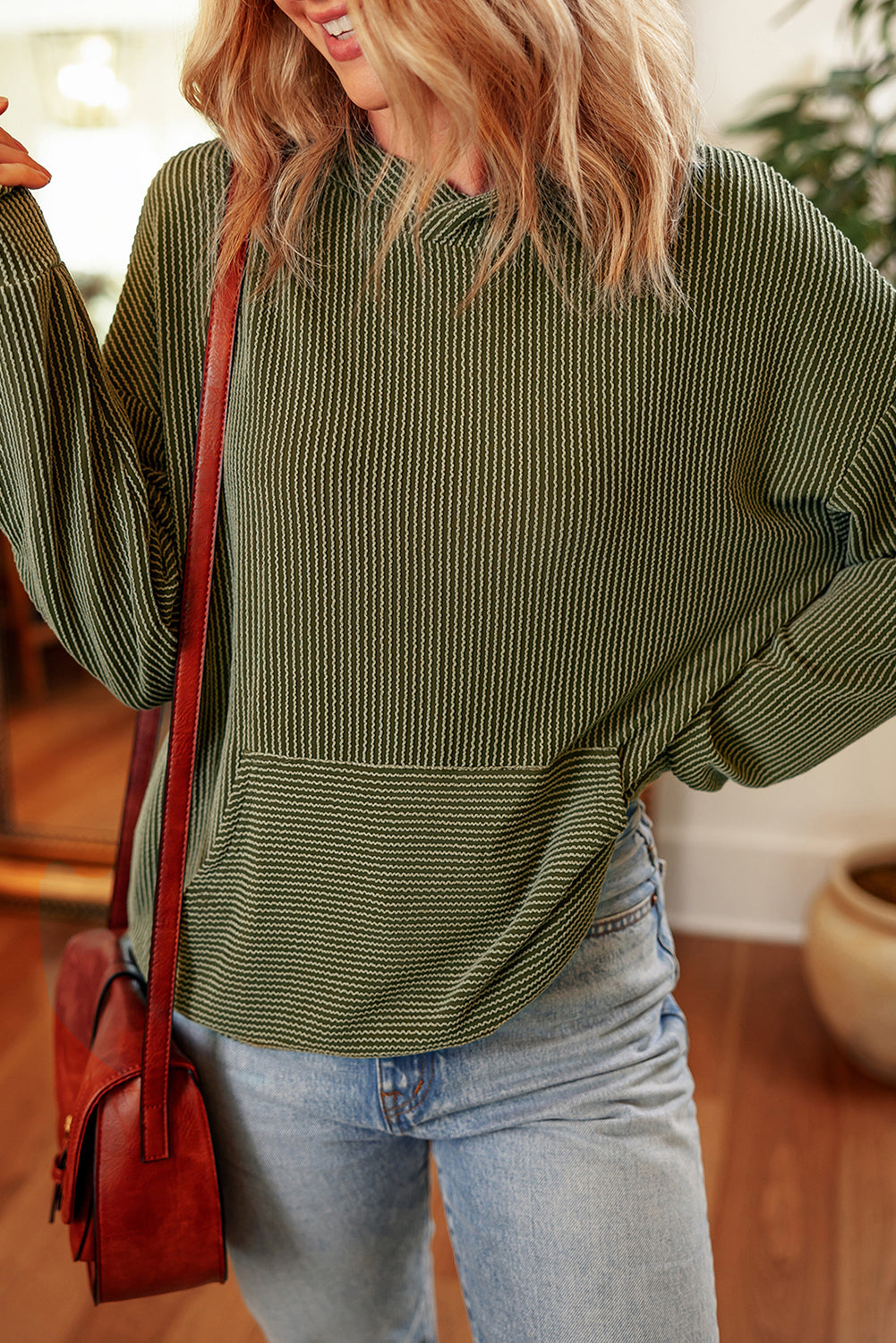 Jungle Green Twisted Rib Texture Solid Hoodie-Tops/Sweatshirts & Hoodies-[Adult]-[Female]-2022 Online Blue Zone Planet