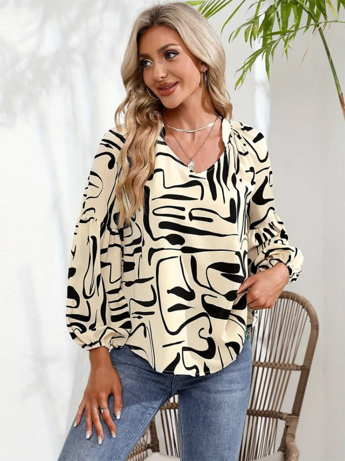 Printed Notched Long Sleeve Blouse-TOPS / DRESSES-[Adult]-[Female]-2022 Online Blue Zone Planet