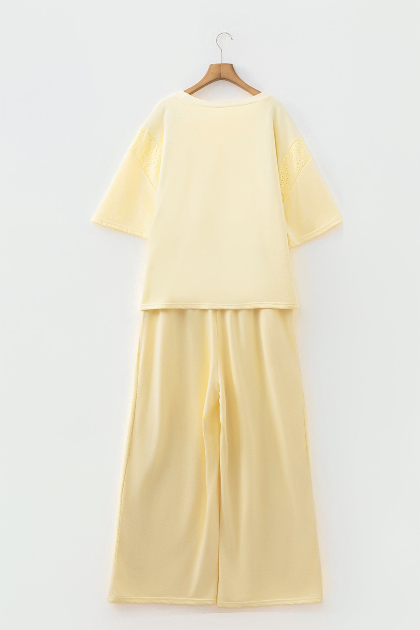 Yellow Cream Solid Color Eyelet Lace Panel Accent Plus Size 2pcs Outfit-Plus Size/Plus Size Loungewear-[Adult]-[Female]-2022 Online Blue Zone Planet
