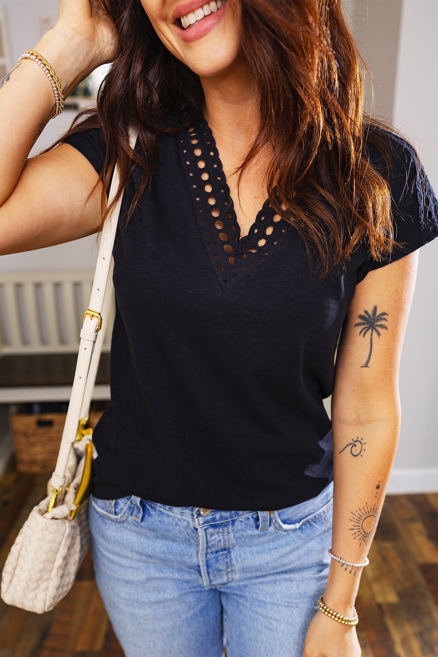 Black Cutout Embroidered Trim V Neck Cap Sleeve Tee-Tops/Tops & Tees-[Adult]-[Female]-2022 Online Blue Zone Planet