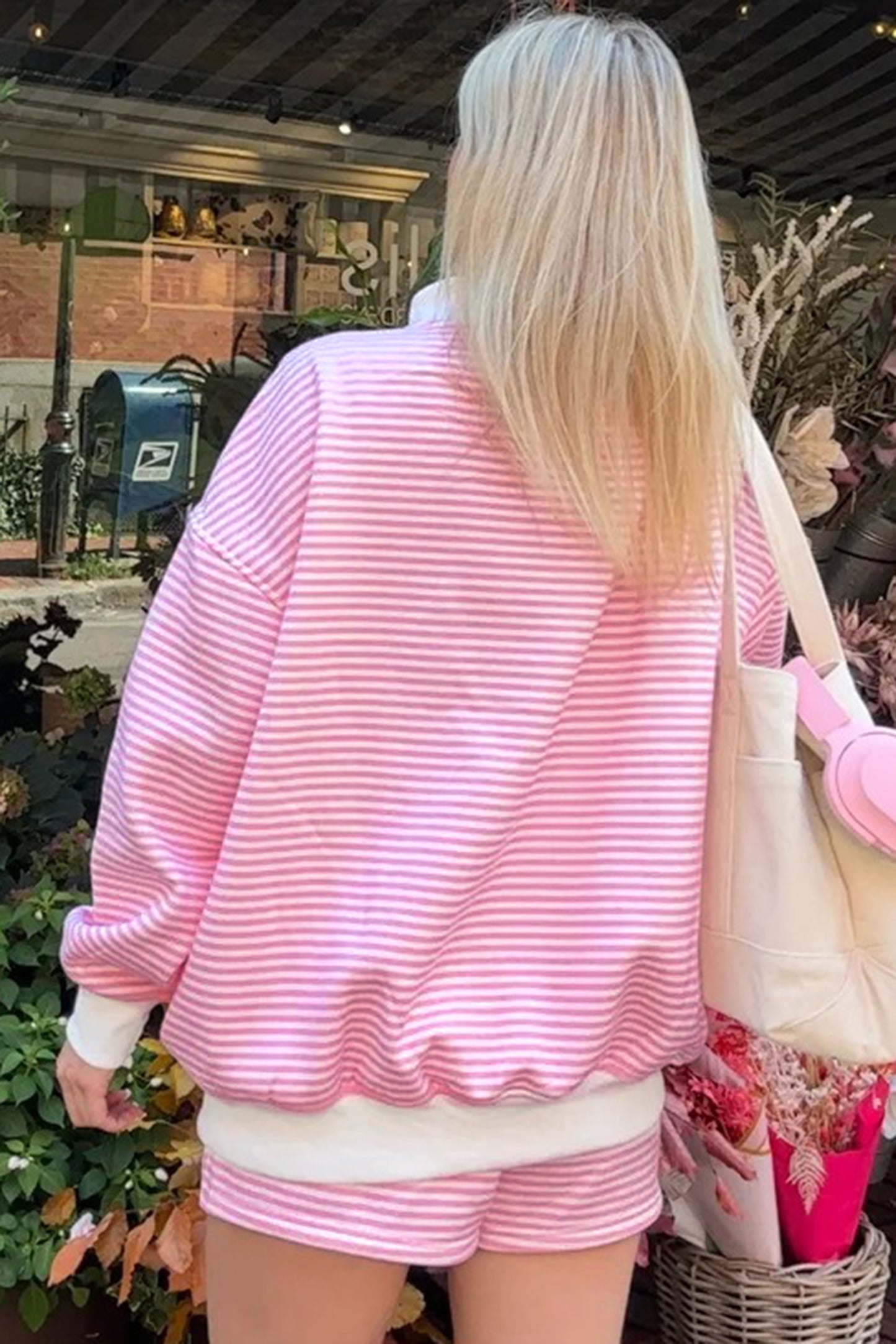 Pink Stripe Oversize Mock Neck Sweatshirt and Shorts Set-Two Piece Sets/Short Sets-[Adult]-[Female]-2022 Online Blue Zone Planet