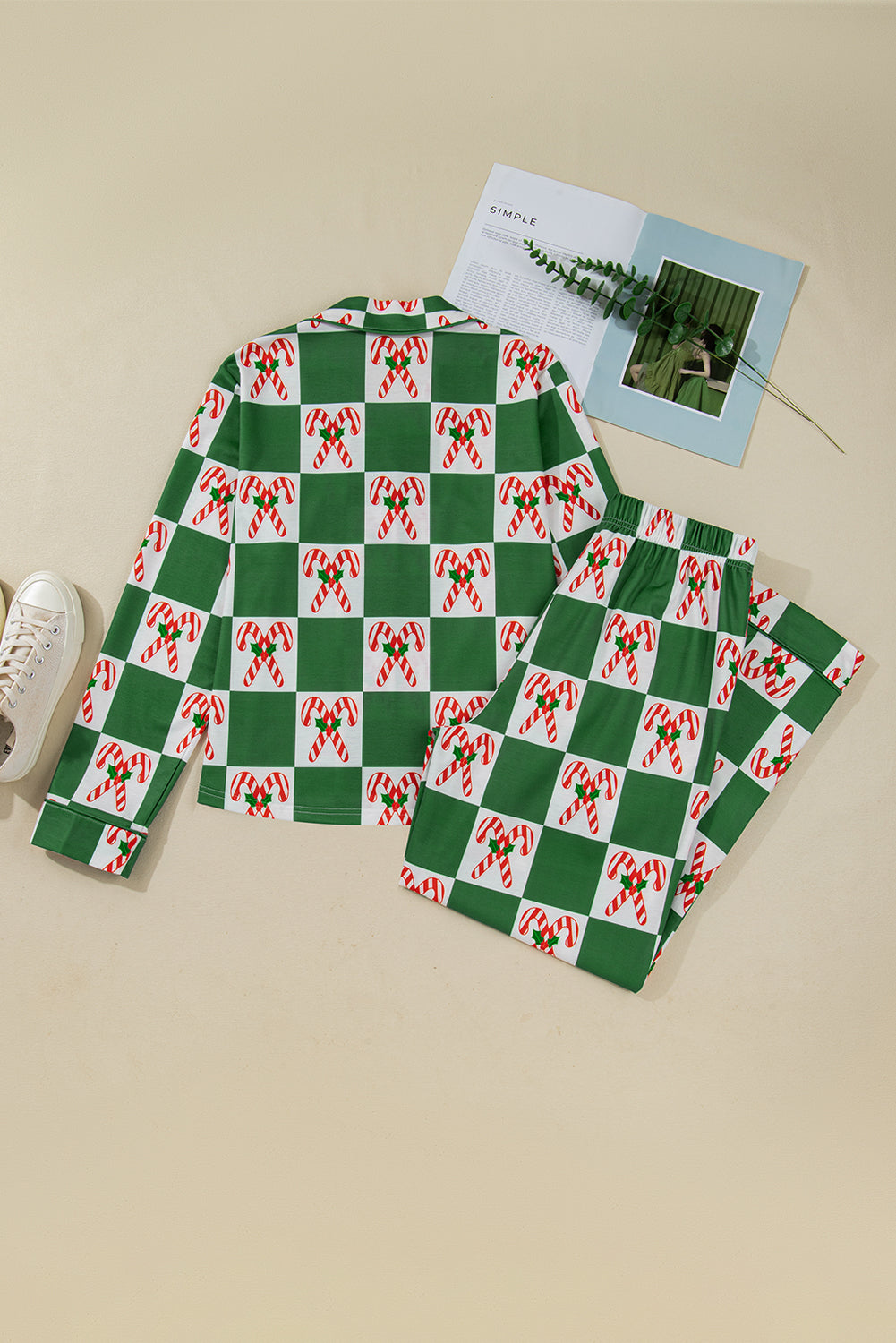 Green Candy Cane Checkered Pattern Christmas Pajama Set-Loungewear Set-[Adult]-[Female]-2022 Online Blue Zone Planet