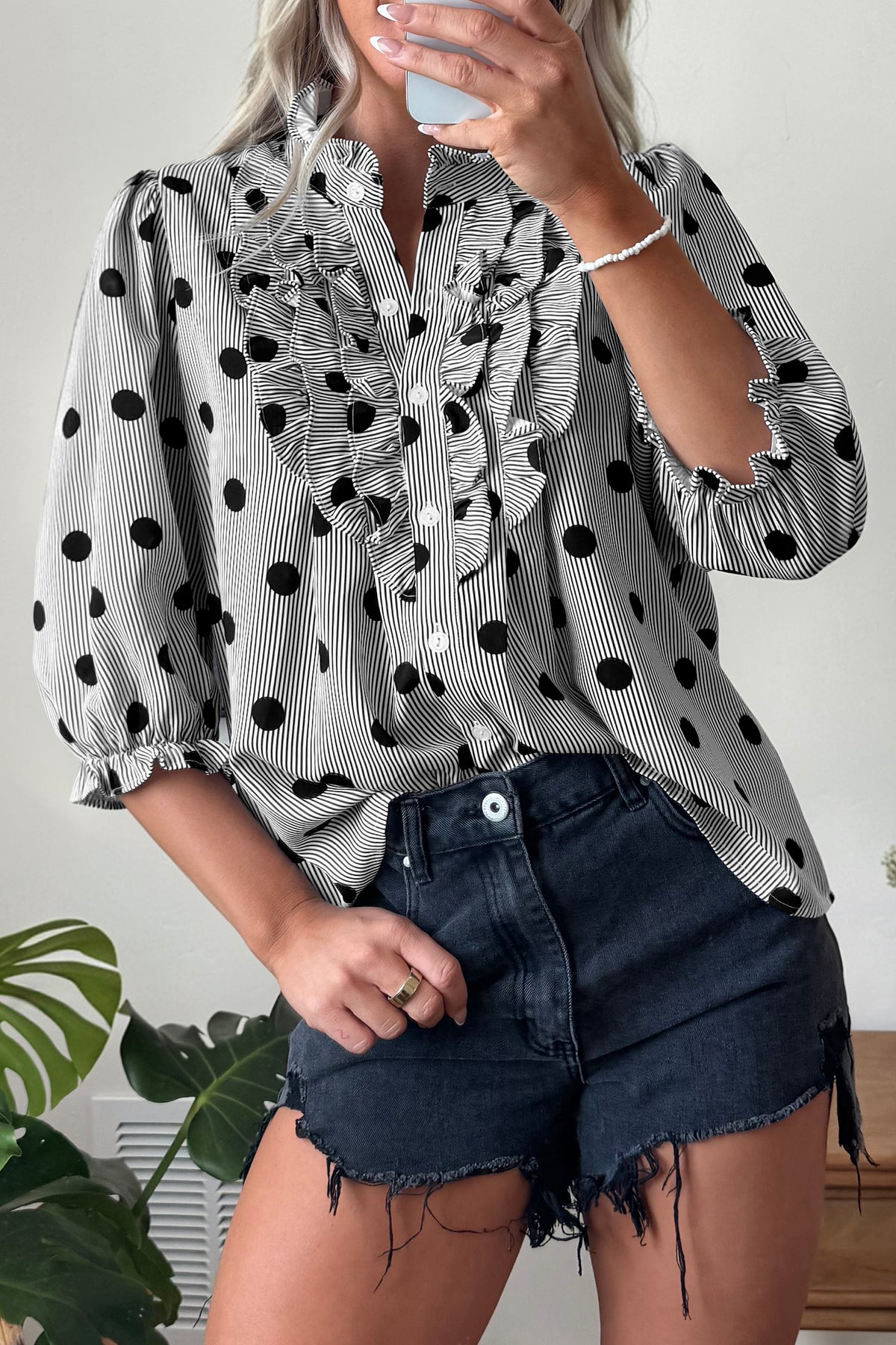 Black white Polka Dot Striped Print Ruffle Stand Neck 3/4 Sleeve Shift Shirt-Tops/Blouses & Shirts-[Adult]-[Female]-2022 Online Blue Zone Planet