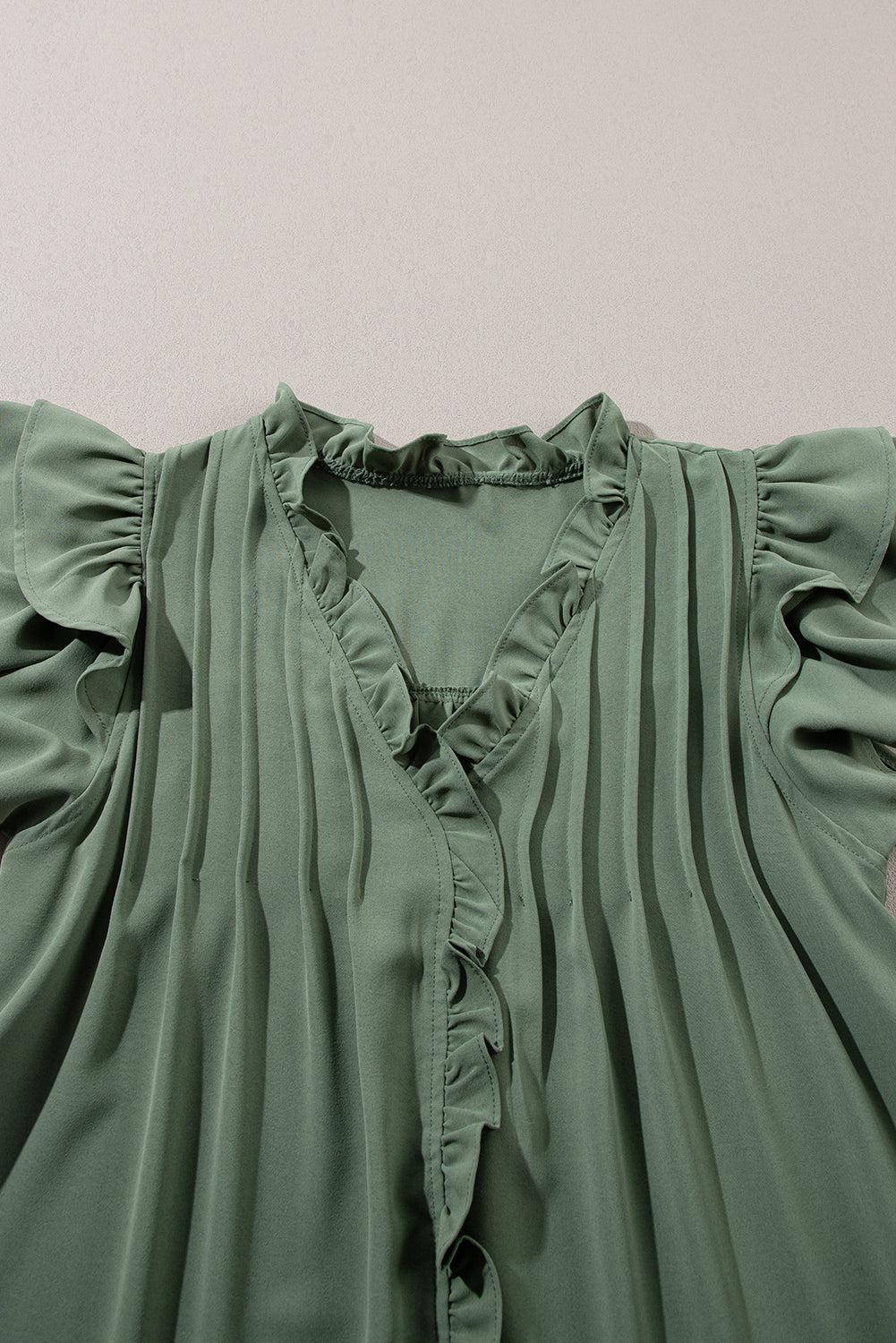 Blue Zone Planet |  Mist Green Ruffle Sleeve V Neck Frilled Shift Dress Blue Zone Planet