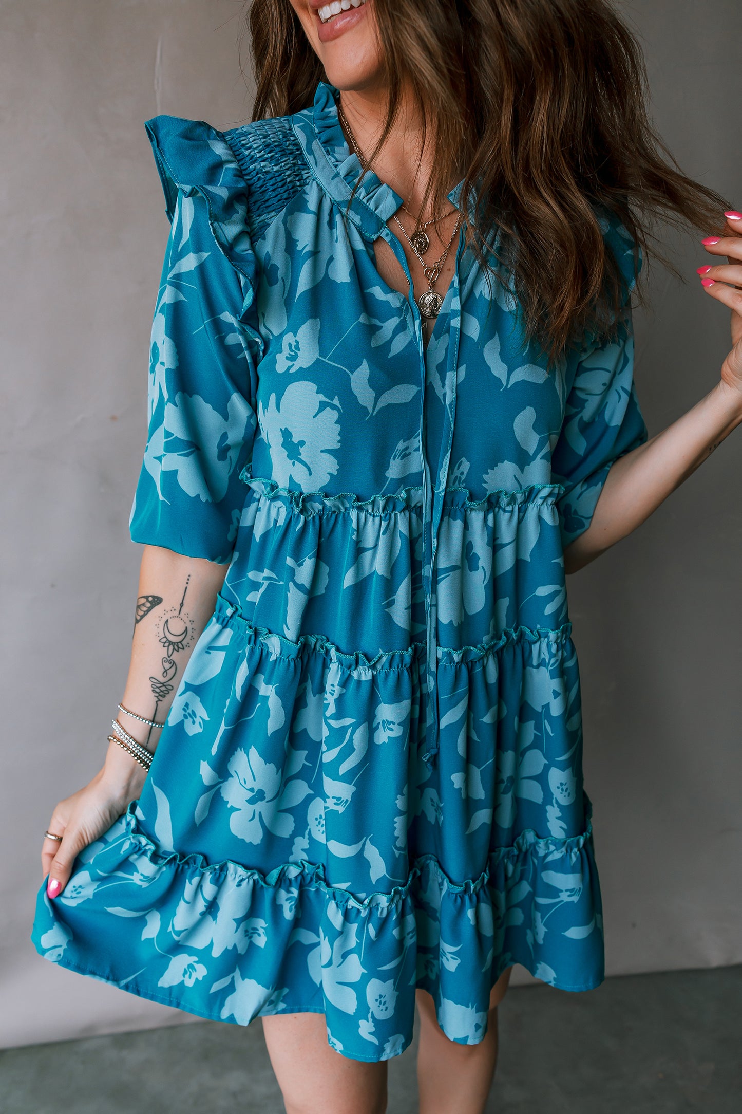 Blue Flower Half Sleeve Tiered Ruffled Mini Dress-TOPS / DRESSES-[Adult]-[Female]-Blue-S-2022 Online Blue Zone Planet