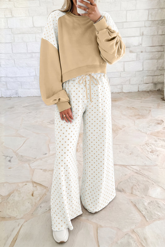 Khaki Polka Dot Patchwork Colorblock Long Sleeve Casual Two Piece Pants Set-Two Piece Sets/Pant Sets-[Adult]-[Female]-Khaki-S-2022 Online Blue Zone Planet