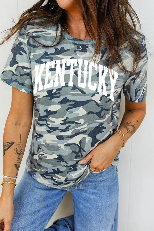 Green Camouflage Kentucky Crew Neck Summer Top-Graphic/Graphic Tees-[Adult]-[Female]-Green-S-2022 Online Blue Zone Planet