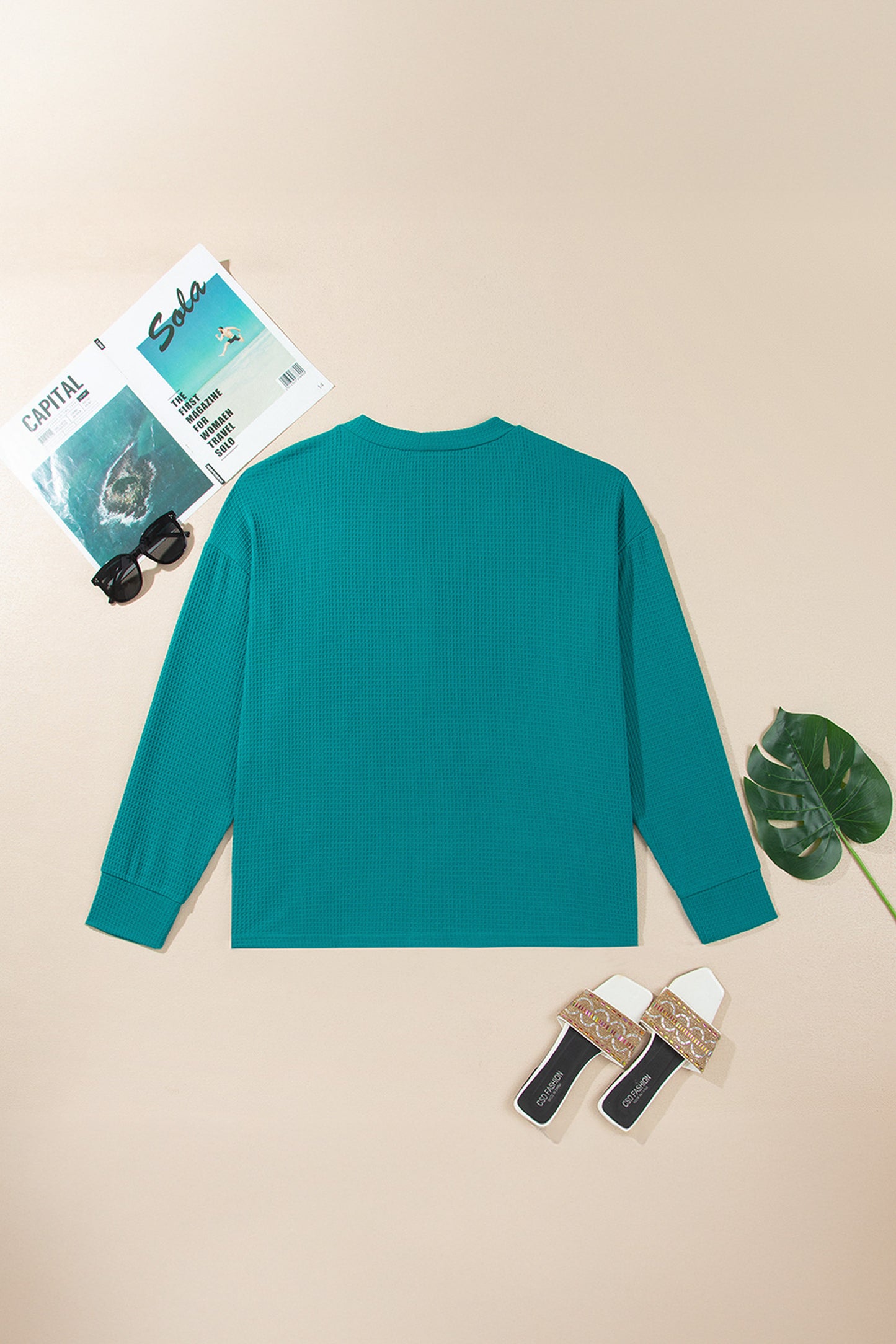 Lapis V Neck Waffle Textured Button Front Tunic Long Sleeve Plus Size Cardigan-Plus Size/Plus Size Outerwear-[Adult]-[Female]-2022 Online Blue Zone Planet