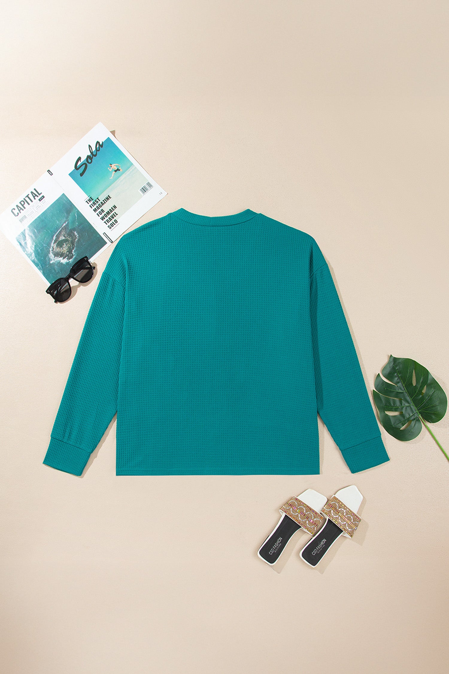 Lapis V Neck Waffle Textured Button Front Tunic Long Sleeve Plus Size Cardigan-Plus Size/Plus Size Outerwear-[Adult]-[Female]-2022 Online Blue Zone Planet