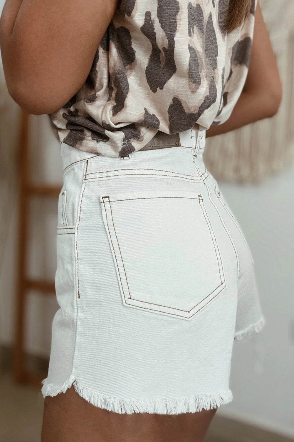 White Raw Hem High Waist Denim Shorts-Bottoms/Denim Shorts-[Adult]-[Female]-2022 Online Blue Zone Planet